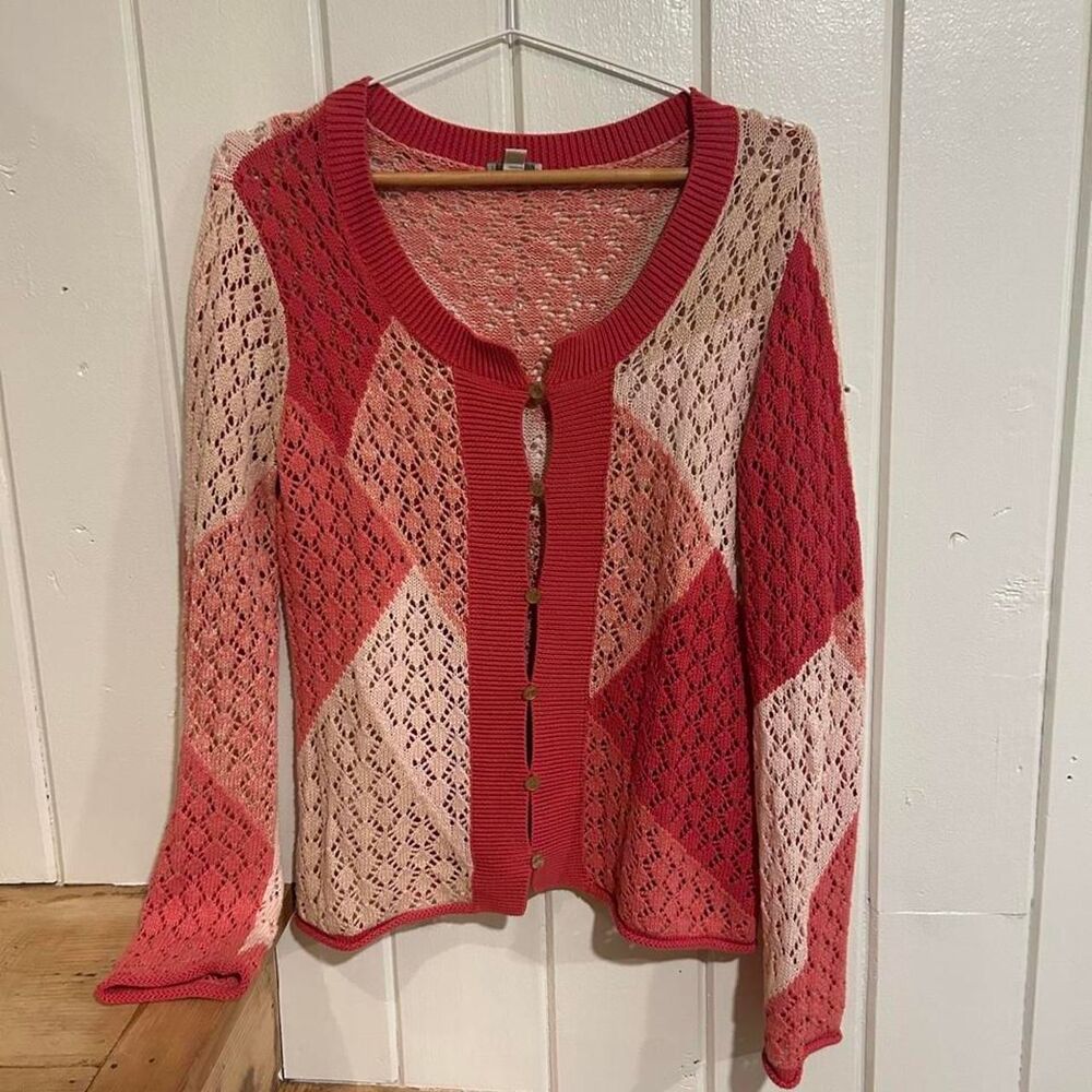 Vintage 90s J Jill Cotton Linen Crochet Knit Cardigan Pink Patchwork Size S